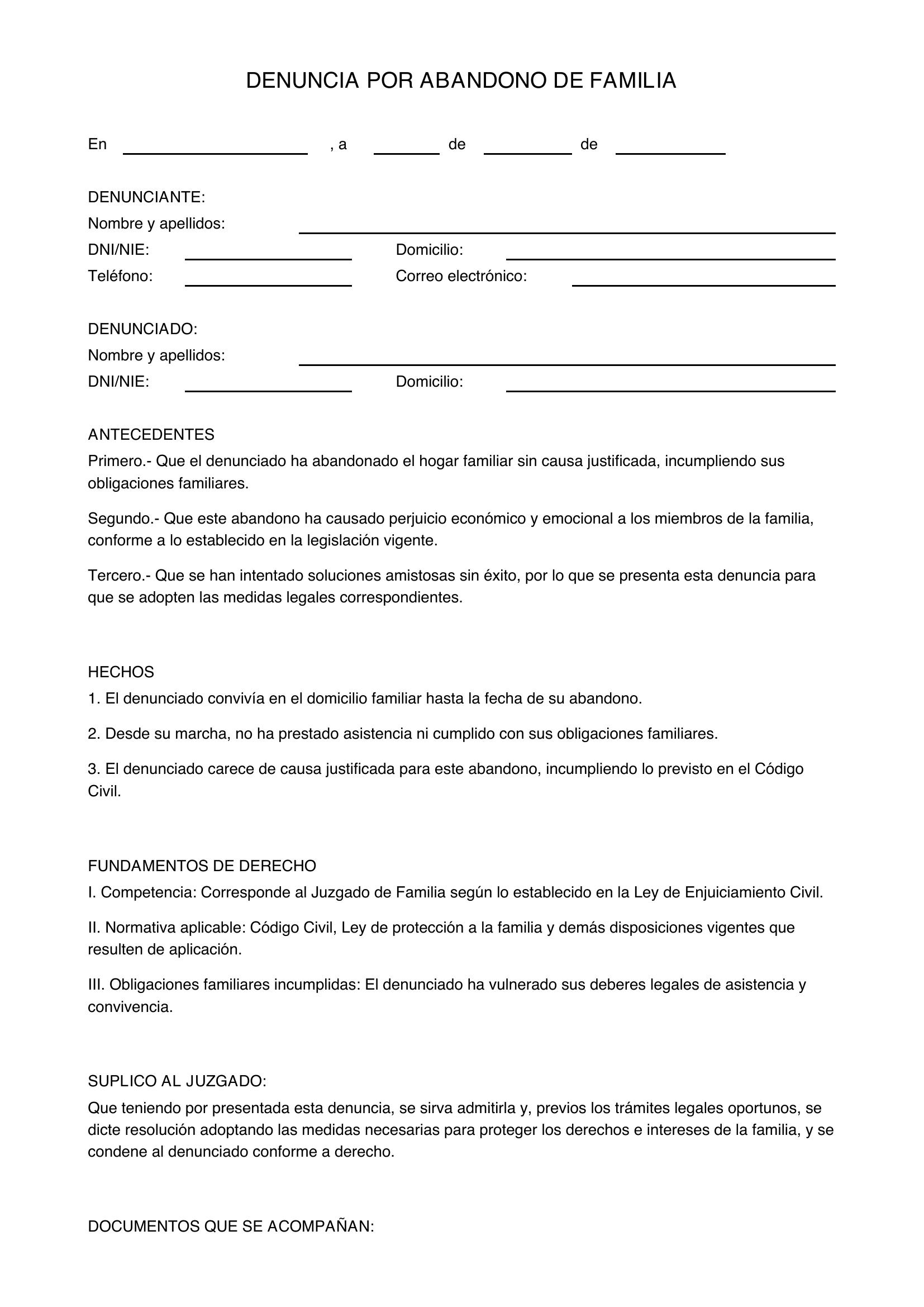 Modelo Denuncia Abandono De Familia