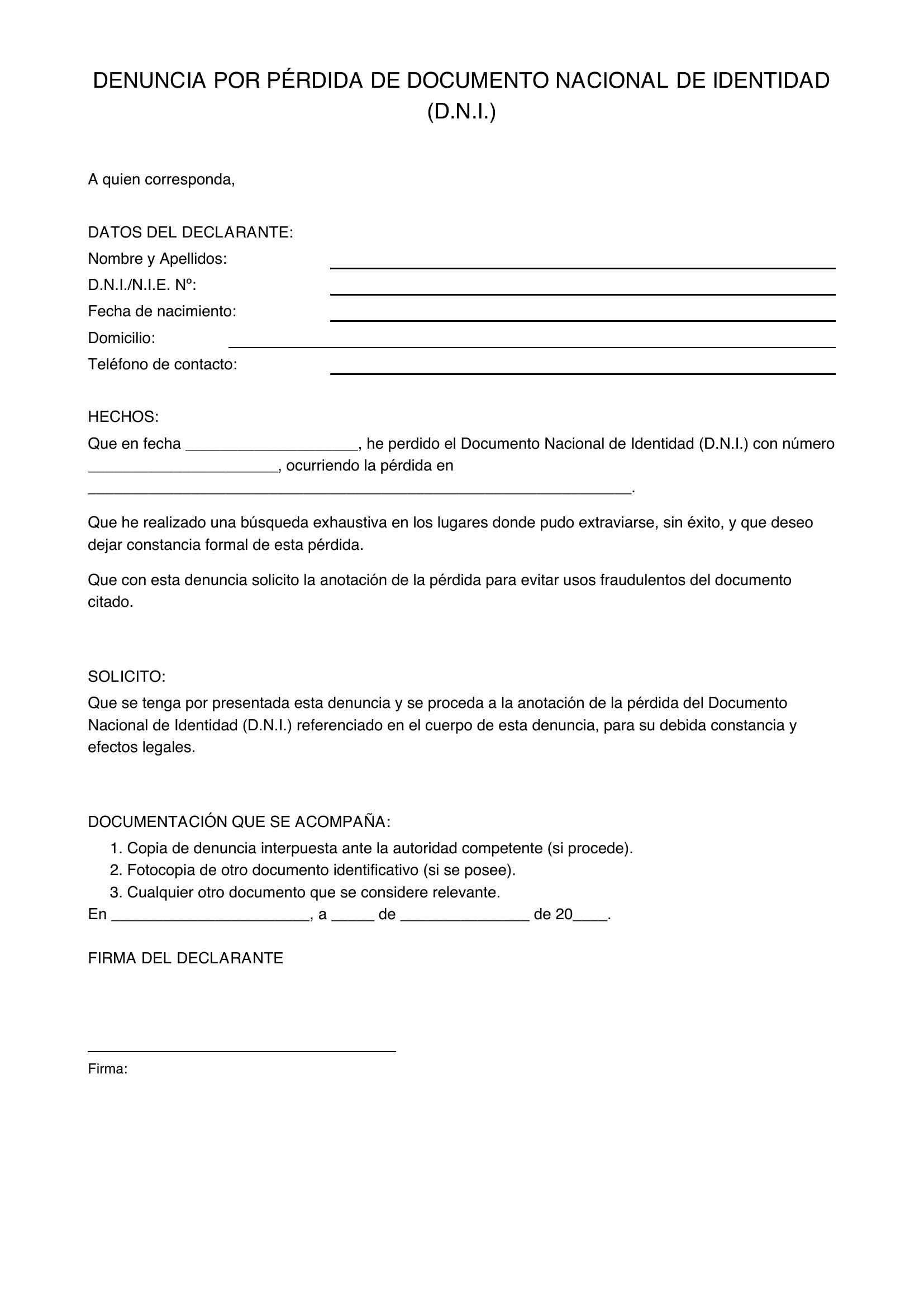Denuncia D.N.I. Perdido Plantilla