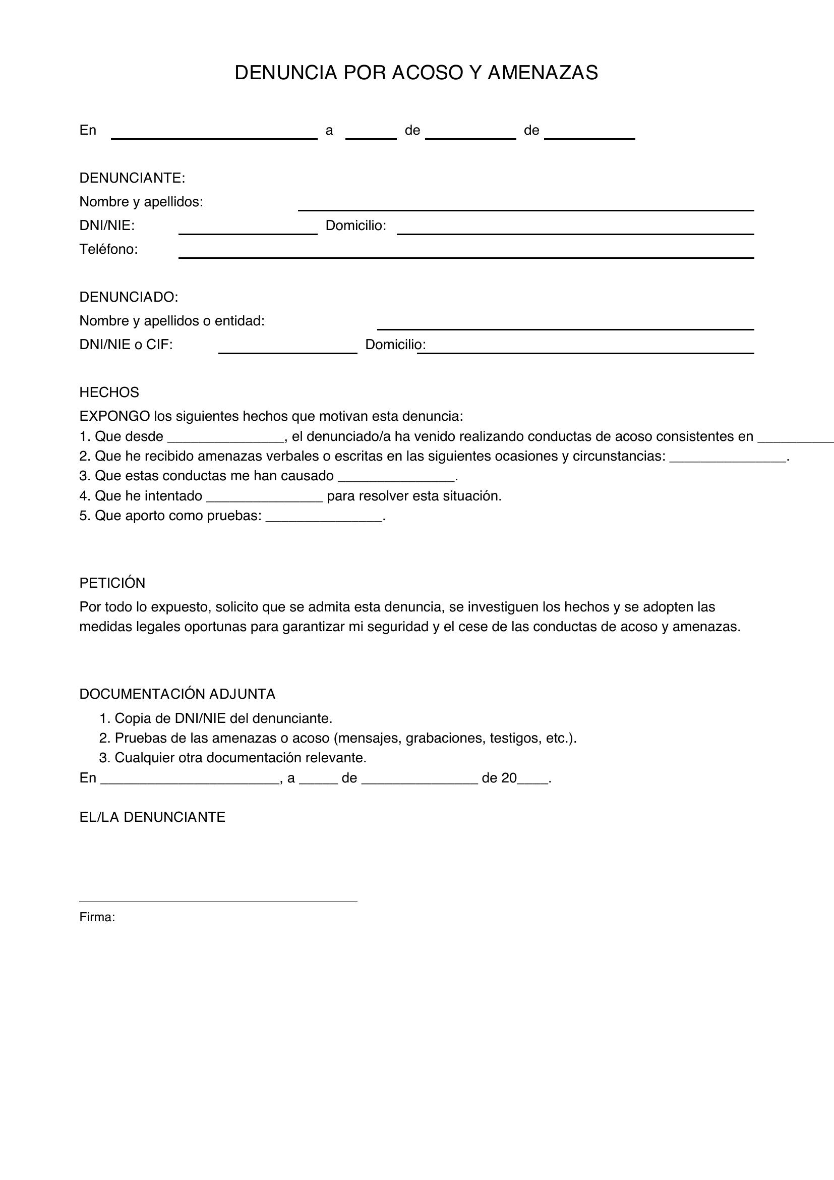 Modelo Denuncia Por Acoso Y Amenazas