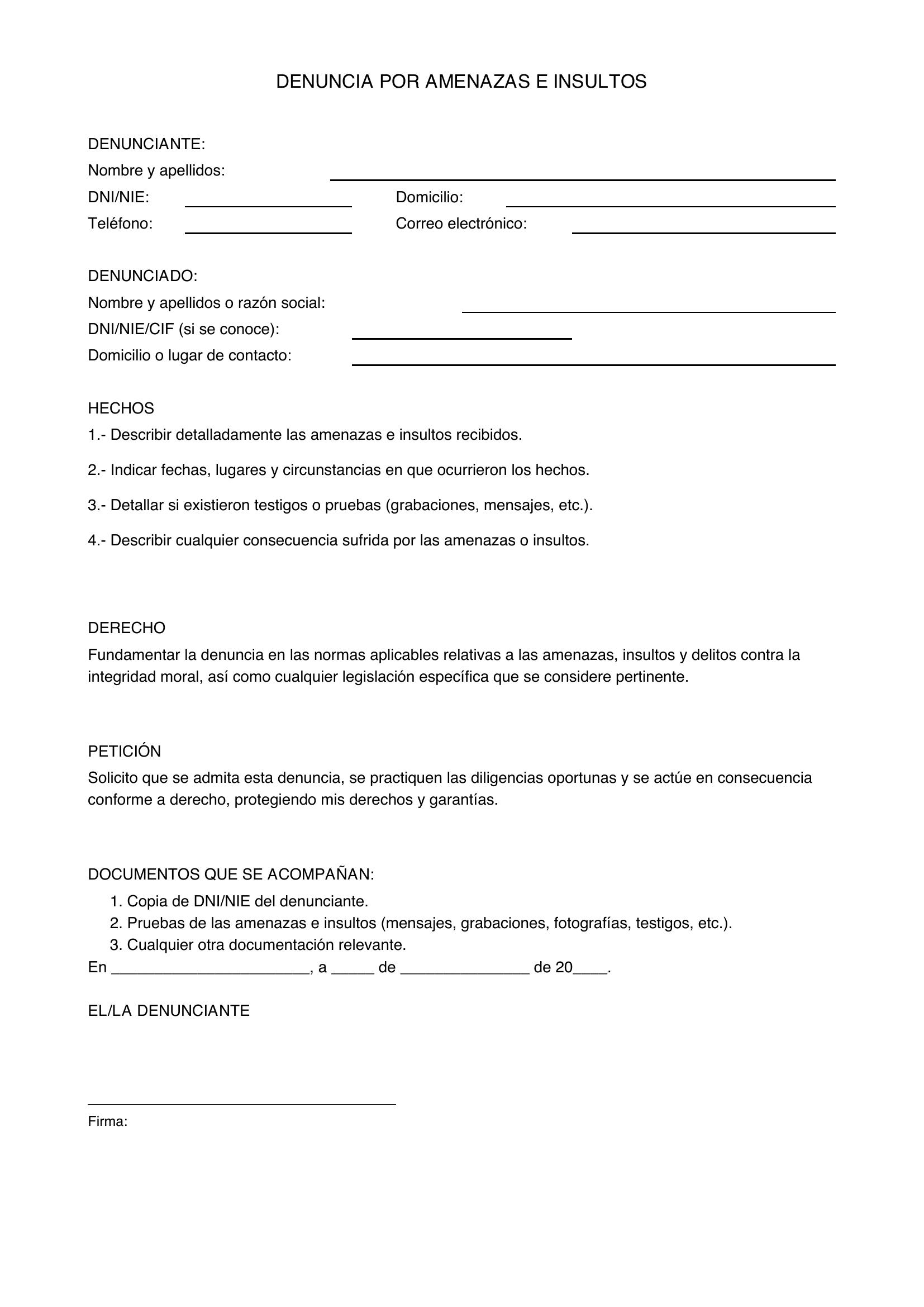 Modelo De Denuncia Por Amenazas E Insultos