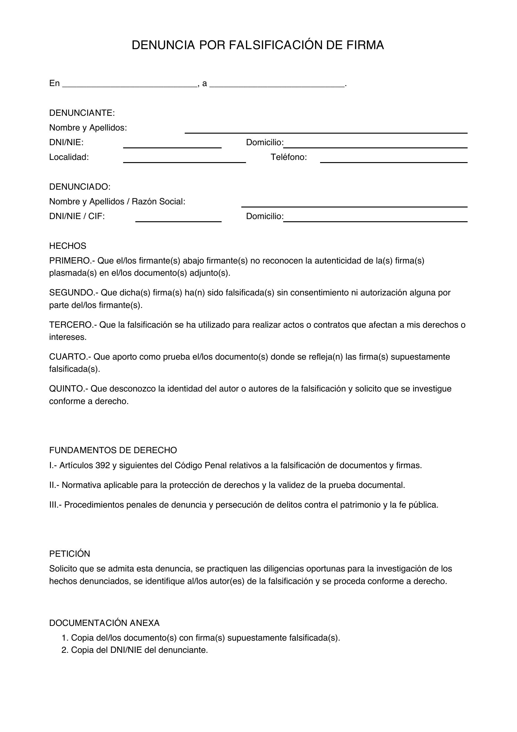 Modelo De Denuncia Por Falsificación De Firma